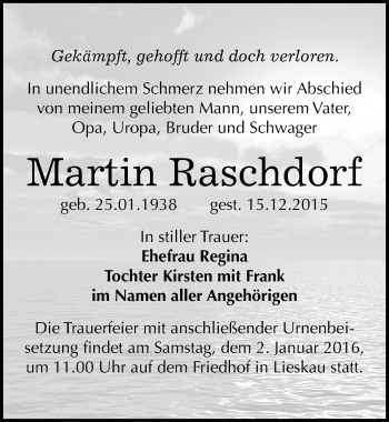 Traueranzeige von Martin Raschdorf von Mitteldeutsche Zeitung Halle/Saalkreis
