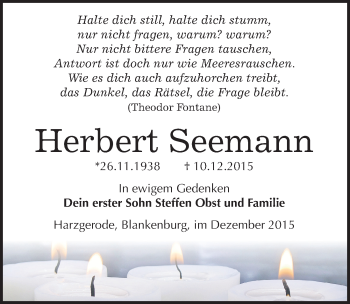 Traueranzeige von Herbert Seemann von Mitteldeutsche Zeitung Quedlinburg