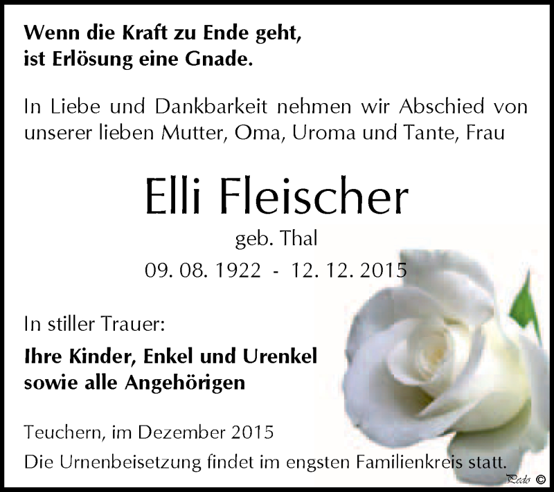  Traueranzeige für Elli Fleischer vom 30.12.2015 aus WVG - Wochenspiegel NMB / WSF / ZTZ