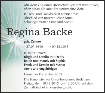 Traueranzeige von Regina Backe von Super Sonntag Merseburg