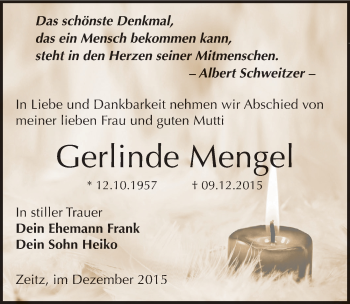 Traueranzeige von Gerlinde Mengel von Mitteldeutsche Zeitung Zeitz