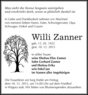 Traueranzeige von Willi Zanner von Mitteldeutsche Zeitung Mansfelder Land