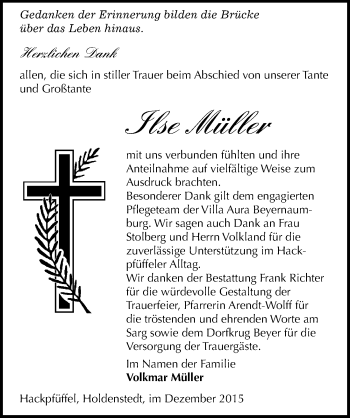 Traueranzeige von Ilse Müller von Mitteldeutsche Zeitung Sangerhausen