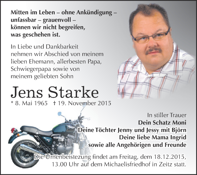  Traueranzeige für Jens Starke vom 05.12.2015 aus Super Sonntag Zeitz
