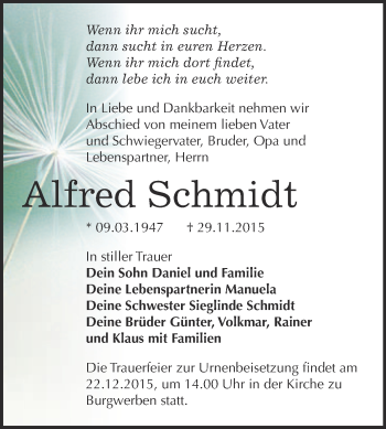 Traueranzeige von Alfred Schmidt von WVG - Wochenspiegel NMB / WSF / ZTZ
