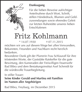 Traueranzeige von Fritz Kohlmann von WVG - Wochenspiegel NMB / WSF / ZTZ