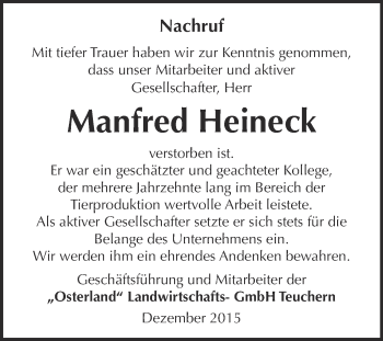 Traueranzeige von Manfred Heineck von WVG - Wochenspiegel NMB / WSF / ZTZ