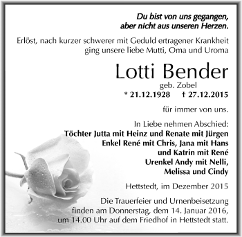 Traueranzeige von Lotti Bender von Mitteldeutsche Zeitung Mansfelder Land