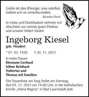Traueranzeige von Ingeborg Kiesel von Mitteldeutsche Zeitung Merseburg/Querfurt