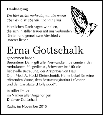 Traueranzeige von Erna Gottschalk von WVG - Wochenspiegel Wittenberg