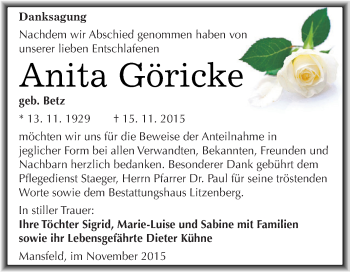 Traueranzeige von Anita Göricke von Wochenspiegel Mansfelder Land