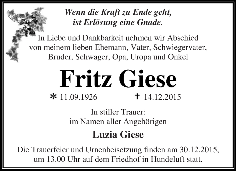  Traueranzeige für Fritz Giese vom 19.12.2015 aus WVG - Wochenspiegel Dessau / Köthen