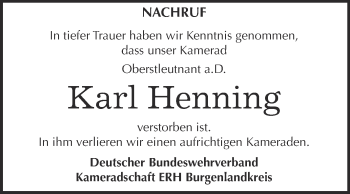 Traueranzeige von Karl Henning von WVG - Wochenspiegel NMB / WSF / ZTZ