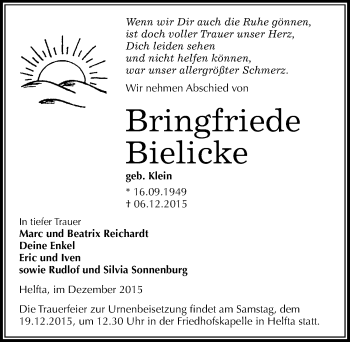 Traueranzeige von Bringfriede Bielicke von Mitteldeutsche Zeitung Mansfelder Land