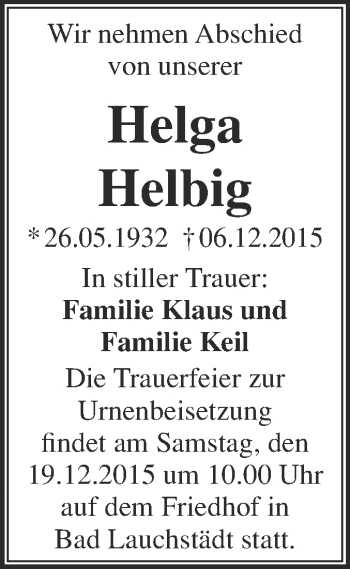 Traueranzeige von Helga Helbig von WVG - Wochenspiegel Merseburg