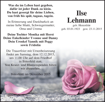 Traueranzeige von Ilse Lehmann von Mitteldeutsche Zeitung Bitterfeld