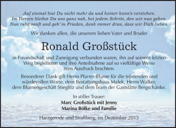 Traueranzeige von Ronald Großstück von WVG - Wochenspiegel Quedlinburg