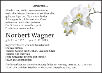 Traueranzeige von Norbert Wagner von Mitteldeutsche Zeitung Merseburg/Querfurt