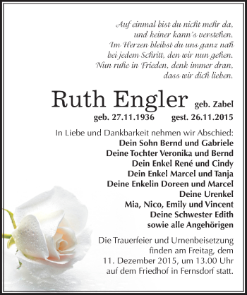 Traueranzeige von Ruth Engler von Mitteldeutsche Zeitung Köthen
