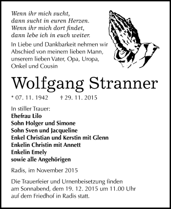 Traueranzeige von Wolfgang Stranner von WVG - Wochenspiegel Wittenberg
