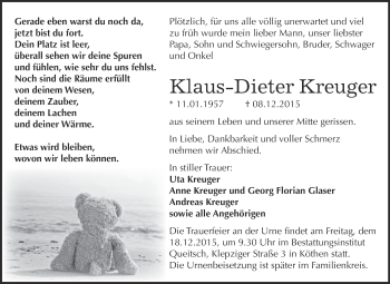 Traueranzeige von Klaus-Dieter Kreuger von WVG - Wochenspiegel Dessau / Köthen