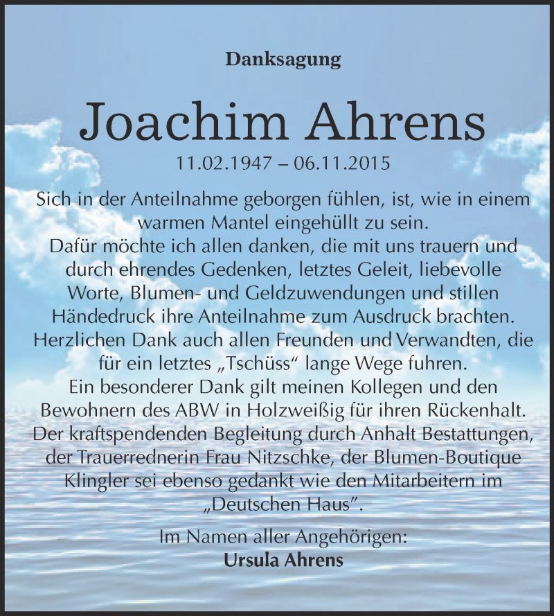  Traueranzeige für Joachim Ahrens vom 16.12.2015 aus WVG - Wochenspiegel Bitterfeld
