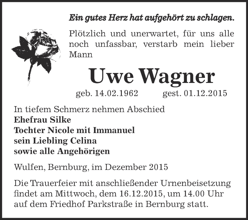 Traueranzeige für Uwe Wagner vom 12.12.2015 aus Super Sonntag Bernburg