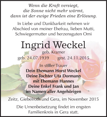 Traueranzeige von Ingrid Weckel von Mitteldeutsche Zeitung Zeitz