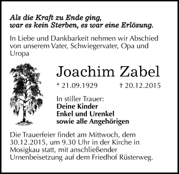 Traueranzeige von Joachim Zabel von Mitteldeutsche Zeitung Dessau-Roßlau