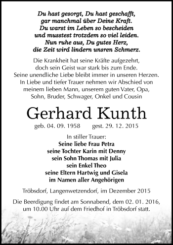 Traueranzeige von Gerhard Kunth von Mitteldeutsche Zeitung Naumburg/Nebra