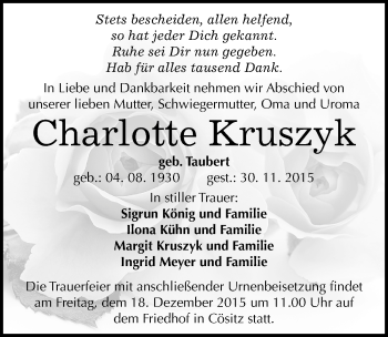Traueranzeige von Charlotte Kruszyk von Mitteldeutsche Zeitung Köthen
