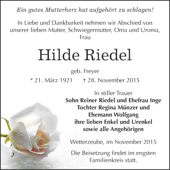 Traueranzeige von Hilde Riedel von Super Sonntag Zeitz