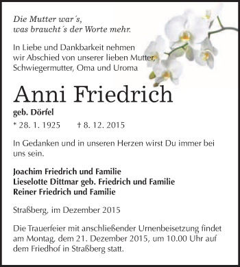 Traueranzeige von Anni Friedrich von WVG - Wochenspiegel Quedlinburg