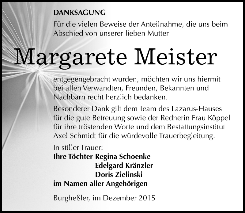  Traueranzeige für Margarete Meister vom 24.12.2015 aus Mitteldeutsche Zeitung Naumburg/Nebra