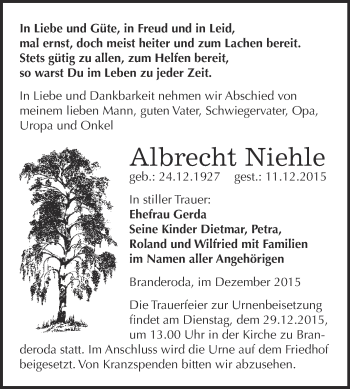 Traueranzeige von Albrecht Niehle von Super Sonntag Zeitz