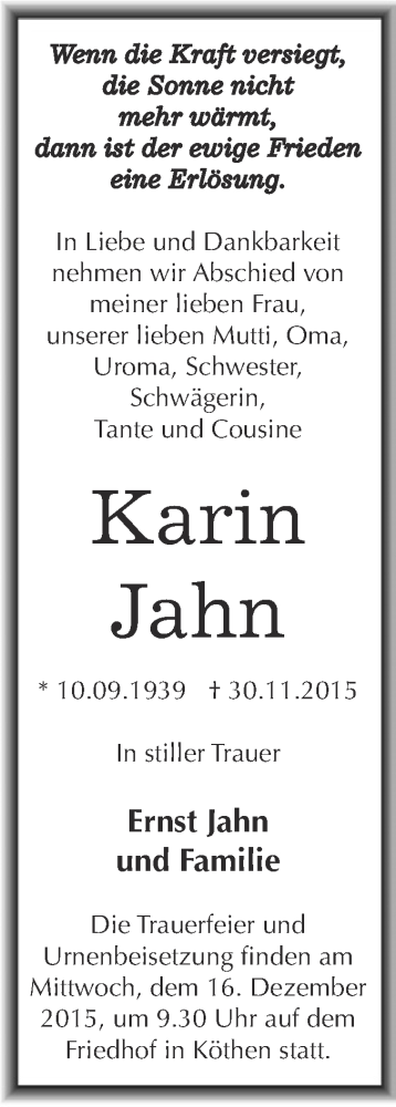  Traueranzeige für Karin Jahn vom 05.12.2015 aus WVG - Wochenspiegel Dessau / Köthen