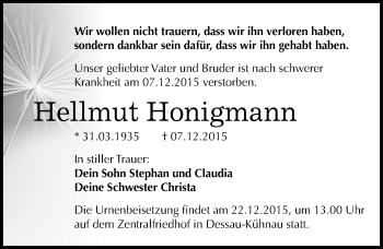 Traueranzeige von Hellmut Honigmann von Mitteldeutsche Zeitung Dessau-Roßlau