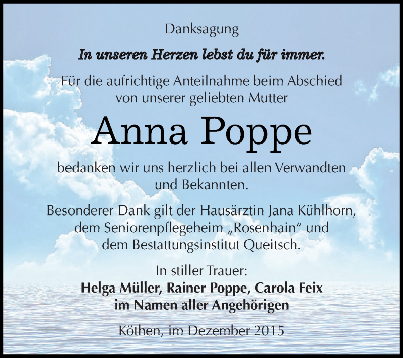  Traueranzeige für Anna Poppe vom 19.12.2015 aus WVG - Wochenspiegel Dessau / Köthen