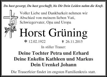 Traueranzeige von Horst Grüning von WVG - Wochenspiegel Dessau / Köthen