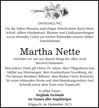 Traueranzeige von Martha Nette von Mitteldeutsche Zeitung Naumburg/Nebra
