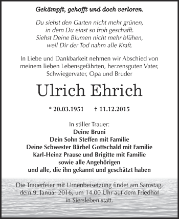Traueranzeige von Ulrich Ehrich von Wochenspiegel Mansfelder Land