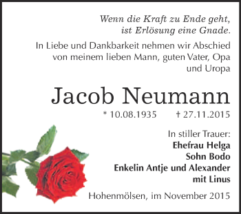 Traueranzeige von Jacob Neumann von WVG - Wochenspiegel NMB / WSF / ZTZ