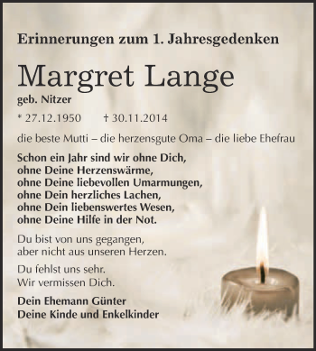 Traueranzeige von Margret Lange von WVG - Wochenspiegel Wittenberg