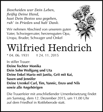 Traueranzeige von Wilfried Hendrich von Mitteldeutsche Zeitung Sangerhausen