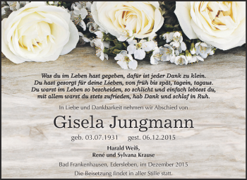 Traueranzeige von Gisela Jungmann von Super Sonntag SGH Mansf. Land