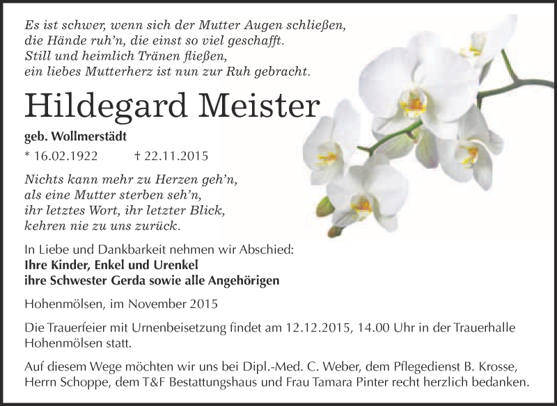  Traueranzeige für Hildegard Meister vom 02.12.2015 aus WVG - Wochenspiegel NMB / WSF / ZTZ