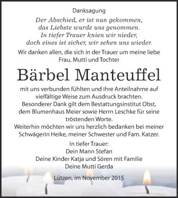Traueranzeige von Bärbel Manteuffel von Super Sonntag Merseburg