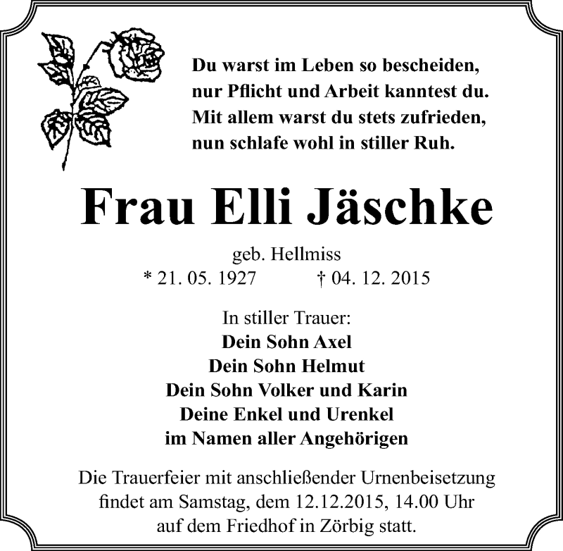  Traueranzeige für Elli Jäschke vom 09.12.2015 aus Mitteldeutsche Zeitung Bitterfeld