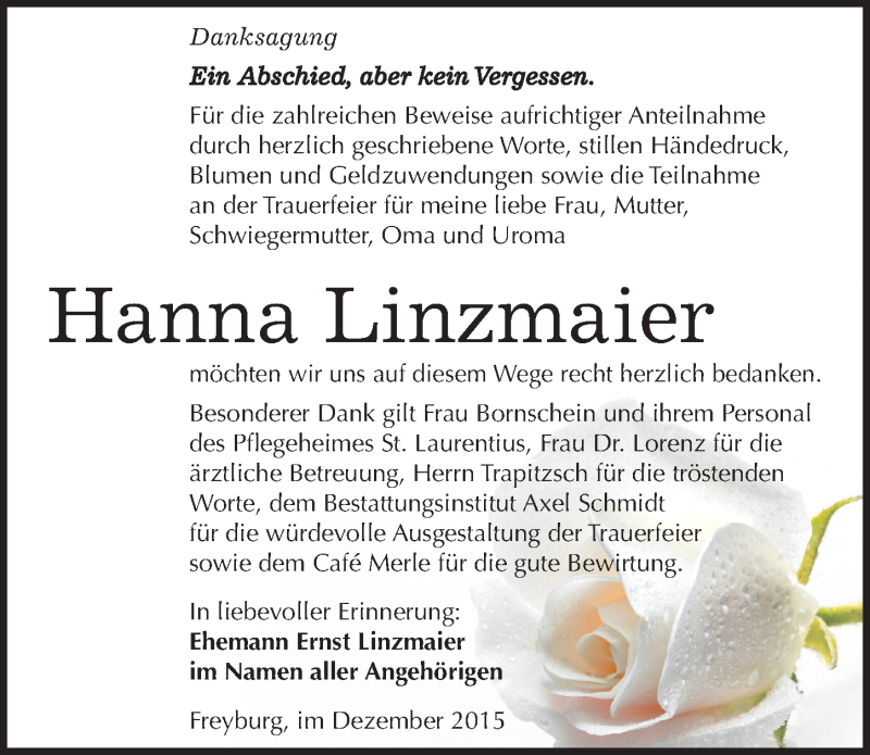  Traueranzeige für Hanna Linzmaier vom 19.12.2015 aus Mitteldeutsche Zeitung Naumburg/Nebra