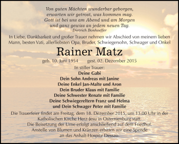 Traueranzeige von Rainer Matz von WVG - Wochenspiegel Dessau / Köthen
